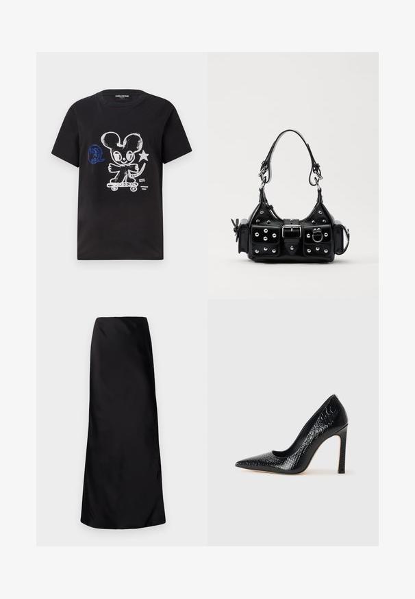 Black T-shirt featuring a skateboarding cartoon mouse design in white and blue, with a playful text element and short sleeves.; Norma Kamali BIAS OBIE SKIRT - Maxi skirt - black; Black pointed-toe high heel shoe with a crocodile-skin texture, featuring a sleek design, high stiletto heel, and smooth black interior.; Black leather handbag with a curved design, featuring silver studs, a buckle, and two side pockets. Adjustable strap for carrying options.
