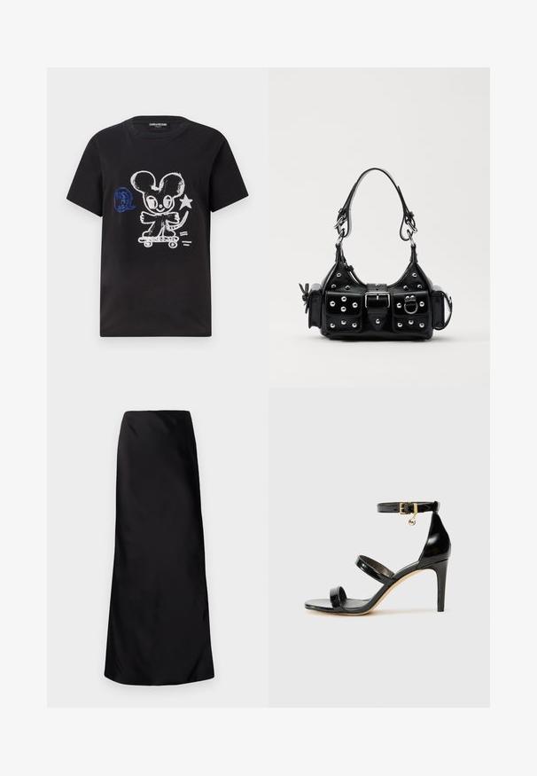 Černé tričko s krátkým rukávem s designem skateboardového kresleného myšáka v bílé a modré barvě, doplněné hravým textem.; Norma Kamali BIAS OBIE SKIRT - Maxi sukně - black; Černé lakované kožené sandály se třemi pásky, sponou na kotníku a 10 cm jehlovým podpatkem. Obsahují zlaté kovové detaily a logo přívěsek.; Černá kožená kabelka s křivkovým designem, zdobená stříbrnými hřebíky, s přezkou a dvěma bočními kapsami. Nastavitelný popruh pro různé možnosti nošení.