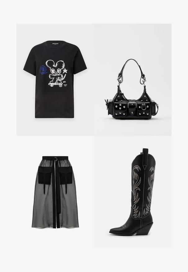 Zwarte T-shirt met een ontwerp van een skateboardende cartoonmuis in wit en blauw, met een speelse tekst en korte mouwen.; Zwarte doorschijnende rok met een verzameld tailleband, voorzien van twee grote voorzakken, een tailleband met strik en een ronde metalen accent.; Zwarte leren cowboylaarzen met spitse neuzen, wiggenhakken en zilver geborduurde bloemmotieven langs de schacht. Contrasterende stiksels overal.; Zwarte lederen handtas met een gebogen ontwerp, voorzien van zilveren studs, een gesp en twee zijvakken. Verstelbare schouderband voor verschillende draagmogelijkheden.