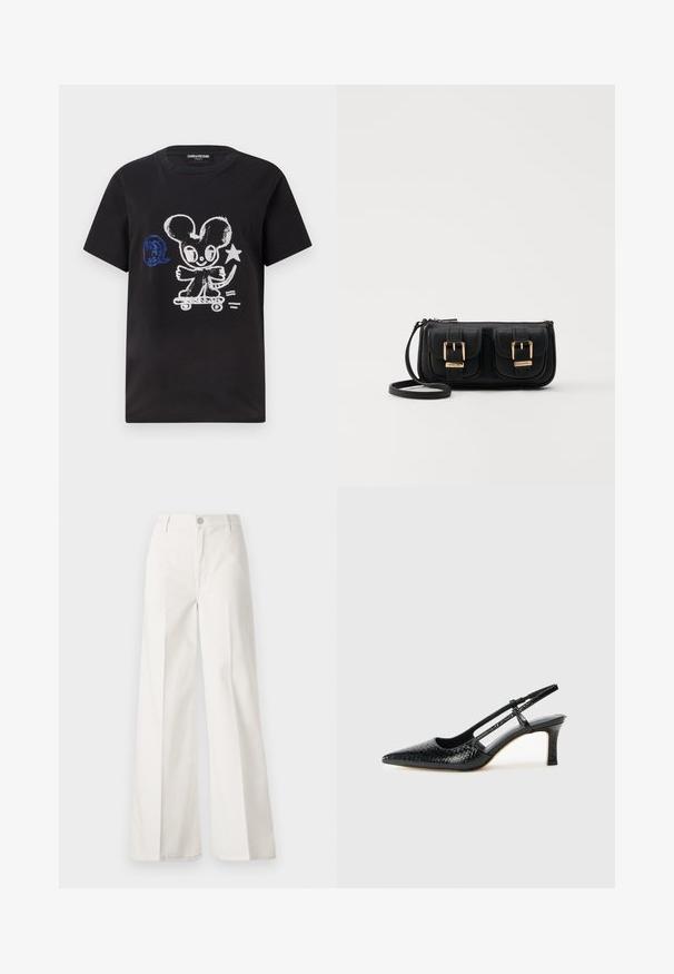 Črna majica s kratkimi rokavi, ki prikazuje risani mišek na deski za rolkanje v beli in modri barvi, z igrivim besedilnim elementom.; Bele široke hlače iz bombaža z gladko teksturo. Imajo gumb spredaj, zadrgo in zasnovo z štirimi žepi.; Črne lakaste slingback pete s koničastim nosom, ki imajo teksturiran vzorec kačje kože, nastavljiv trak in kratek teksturiran blok peto.; Črna usnjena torbica čez ramo z dvema sprednjima žepoma, zlatimi zaponkami, zadrgo in ozkim pasom. Tekstura površine je strukturirana, obliko pa ima kompaktno pravokotno.
