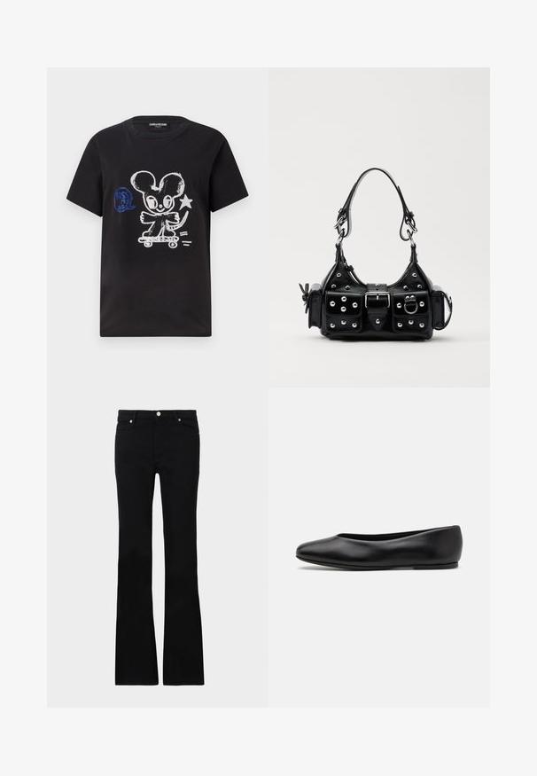 Zwarte T-shirt met een ontwerp van een skateboardende cartoonmuis in wit en blauw, met een speelse tekst en korte mouwen.; Zwarte flared jeans van denim, met twee voorzakken, een knoopsluiting en een gladde textuur. Kenmerkende stiksels zichtbaar bij de naden.; Paul Smith TOPANGA - Ballerina's - black; Zwarte lederen handtas met een gebogen ontwerp, voorzien van zilveren studs, een gesp en twee zijvakken. Verstelbare schouderband voor verschillende draagmogelijkheden.