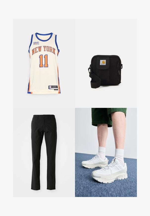 New York Knicks basketbalshirt in roomkleur, met blauw- en oranje accenten, grote "NEW YORK" tekst, nummer 11 en Nike-logo.; Zwarte broek van lichtgewicht stof, met een rechte broekspijpenontwerp, sluiting met knoop aan de voorkant en zijzakken. Glad textuur.; Witte sportieve schoenen met textuuroverlays, een dikke zool en grijze accenten. Draag ze met witte crew-sokken en groene shorts op een blauwe ondergrond.; Zwarte schoudertas met een rits hoofdcompartiment, voork pocket, verstelbare strap en een zichtbaar logo op de klep.