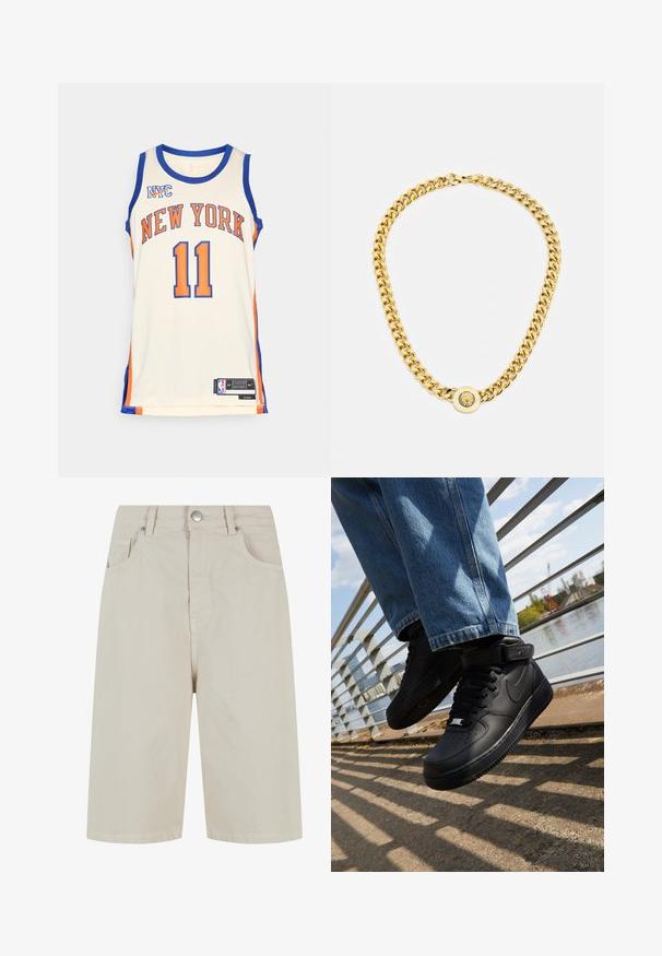 Camiseta de baloncesto de los New York Knicks en crema, con detalles en azul y naranja, texto grande "NEW YORK", número 11 y marca Nike.; Shorts de denim beige con corte recto, cierre frontal con botón y cuatro bolsillos. La tela tiene una textura suave y un detalle de costura mínimo.; Zapatillas Nike Air Force 1 negras con parte superior de cuero, lengua de malla y suela de goma, que presentan un diseño de caña alta y cordones gruesos.; Collar de cadena de oro con grandes eslabones entrelazados, que presenta un detalle de medallón circular en el centro con un emblema en relieve.