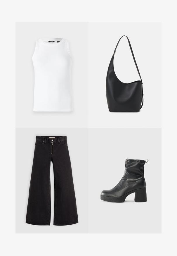 Fehér, bordázott ujjatlan tank top kerek nyakkivágással. Simább textúra, és nincsenek látható díszítések vagy fém részek.; Fekete denim széles szárú farmer, cipzáros elejével, öt zsebes kialakítással és diszkrét varrással. Sima textúra és laza stílus.; Fekete bokacsizmák sima bőrből, oldalsó cipzárral, vastag, texturált sarkú és lekerekített orrú dizájnnal.; Fekete bőr hobo táska sima textúrával, ívelt formával és egyetlen állítható pánttal; széles nyílás található a tetején.