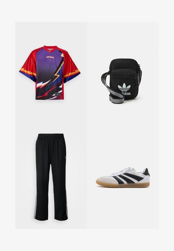 Raudonas ir purpurinis trumpomis rankovėmis džersis su grafiniu žaibo raštu, tinklinė tekstūra ir Adidas logotipas priekyje. Pabrėžtos rankovės.; Juodi sportiniai keliai su elastingu juosmeniu, su baltais šonais ir mažu logotipu. Atrodo, kad medžiaga yra minkšta ir lengva.; Balti odiniai sportbačiai su juodomis juostelėmis ir akcentais, pilku zomšiniu pirštu ir guminėmis padangomis; pasižymi raištelių uždarymu ir "Predator" ženklinimu.; Juodas audinio per petį nešiojamas krepšys su užtrauktuku, turintis baltą Adidas logotipą ir dryžuotą reguliuojamą diržą patogiam nešiojimui.
