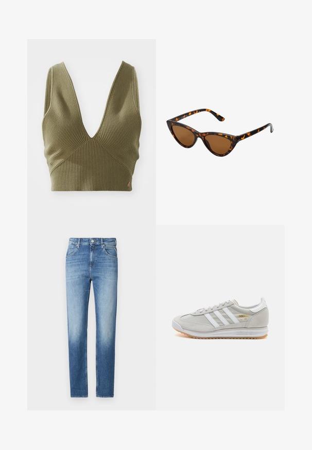 Maslinasto zeleni rebrasti kratki top s dubokim V-izrezom i horizontalnom teksturom. Ima mali obeleženi akcent na donjem desnom delu.; Svijetloplave traperice s ravnim krojem, izblijedjelom teksturom, pet džepova i kopčanjem na gumbe u struku. Karakteristična detaljna šavova.; Svijetlosivi tenisice od antilopa i mrežice, s tri bijele pruge, okruglim vrhom i gumenom potplatom. Zlatni logo akcent blizu vezica.; Sunglasses u obliku mačjih očiju s okvirom u crno-narančastom kornjačevom uzorku, smešnim lećama i elegatnim, šiljastim vrhovima. Sadrži minimalni logo na dršci.