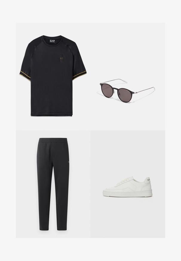 Černé sportovní tričko s krátkými raglánovými rukávy, s texturovanou látkou, zlatými akcentními pruhy a malým logem EA7 na přední straně.; Černé joggingové kalhoty vyrobené z měkké tkaniny, s elastickým pasem, rovnými nohavicemi a malým logem na boku.; Bílé kožené tenisky s hladkým povrchem, kulatou špičkou, plochými tkaničkami a texturovanou podrážkou. Na patě se nachází nenápadné logo.; Černé kulaté sluneční brýle s tmavými skly a tenkými kovovými nohami. Obsahují průhledné koncovky nožiček a stříbrné akcenty na pantu. Minimalistický design.