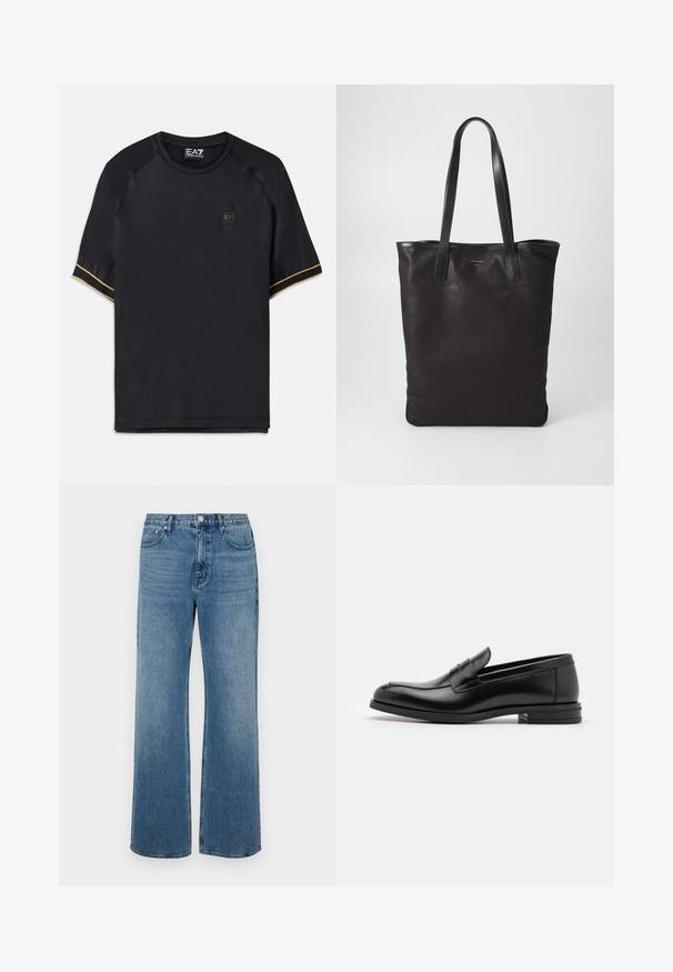 Juodas sportinis marškinėliai su trumpomis raglano rankovėmis, pasižymintys tekstūruota medžiaga, auksiniais akcento juostelėmis ir mažu EA7 logotipu priekyje.; Platus blaujos džinsai, pagaminti iš dėvėtos džinsinio audinio. Sukurtas su penkiomis kišenėmis, priekiniais sagčių uždarymu ir tiesiu kirpimu.; Juodos odinės loafers, turinčios lygų paviršių, apvalią noselę ir dekoratyvinę juostą per priekinę dalį. Žemas krentantis kulnas, minimalistinis dizainas.; Juodas drobės pirkinių maišelis su juodais odiniais rankenomis. Paprastas dizainas, erdvus kūnas ir lygus paviršius. Nėra matomų logotipų ar raštų.