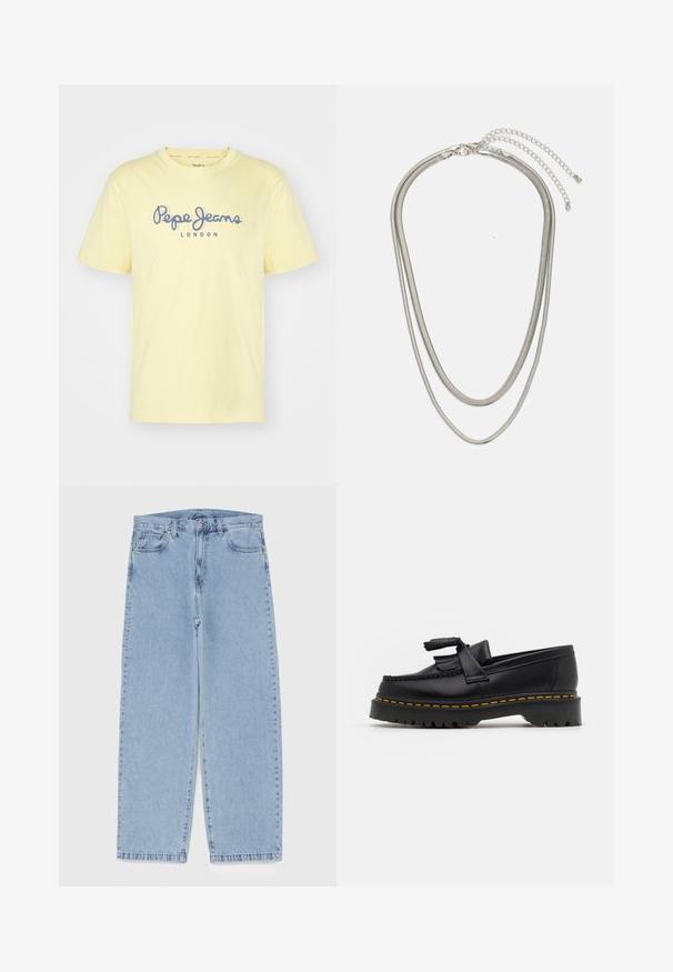 Rumena bombažna majica s kratkimi rokavi in okroglim izrezom. Spredaj je napisan "Pepe Jeans LONDON" v modri barvi. Preprost dizajn.; Svijetloplave traperice s ravnim nogavicama, srednjeg struka, pet džepova te zatvaranjem na gumb i munju.; Črne usnjene loafersice s kaširanim naglasom, z debelim črnim podplatom in rumenim šivom ob robu. Teksturirana površina.; Tri-slojni srebrni kovinski ogrlica z elegantnimi, fleksibilnimi verigami z rahlim leskom, varovana z zaponko s katero se zaključi in nastavljivo verigo.