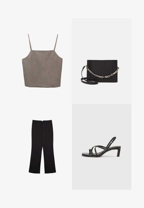 Sivý bezrukávový top s tenkými ramienkami, ktorý má voľný strih a je vyrobený z ľahkej látky. Hladká textúra s jemným leskom.; Čierne nohavice so strihom rovného strihu, s prednými vreckami a bočnými rozparkami na leme. Vyrobené z mäkkej, hladkej tkaniny. Vhodné na rôzne príležitosti.; Čierne sandále na vysokom podpätku so štvorcovou špičkou a nízkym blokovým podpätkom. Obsahujú viacero tenkých popruhov a nastaviteľný členkový popruh. Vyrobené z hladkej kože.; Čierna kožená crossbody taška s hladkou textúrou, obdĺžnikovým tvarom a kovovým reťazovým detailom na prednej strane. Súčasťou je nastaviteľný popruh.