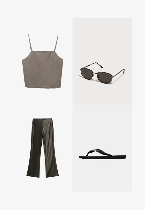 Graues, ärmelloses Top mit dünnen Trägern, lockerer Schnitt und aus einem leichten Stoff gefertigt. Glatte Textur mit subtiler Schattierung.; Dunkelgrüne Schlaghose aus glänzendem Stoff, mit glatter Textur und einem Reißverschluss auf der Rückseite.; Schwarze Gummi-Flip-Flop-Sandale mit einem strukturierten Riemen und einfacher flacher Sohle, von der Seite auf einem schlichten hellen Hintergrund dargestellt.; Schwarze Metal-Sonnenbrille mit ovalen Rahmen, dunklen Gläsern, schlanken Bügeln und einem dezenten Logo auf dem linken Glas. Elegantes, minimalistisches Design.; Silberarmband mit mehreren klaren, runden und quadratischen Kristallen, die in einem symmetrischen Muster angeordnet sind, und einem Verschluss.