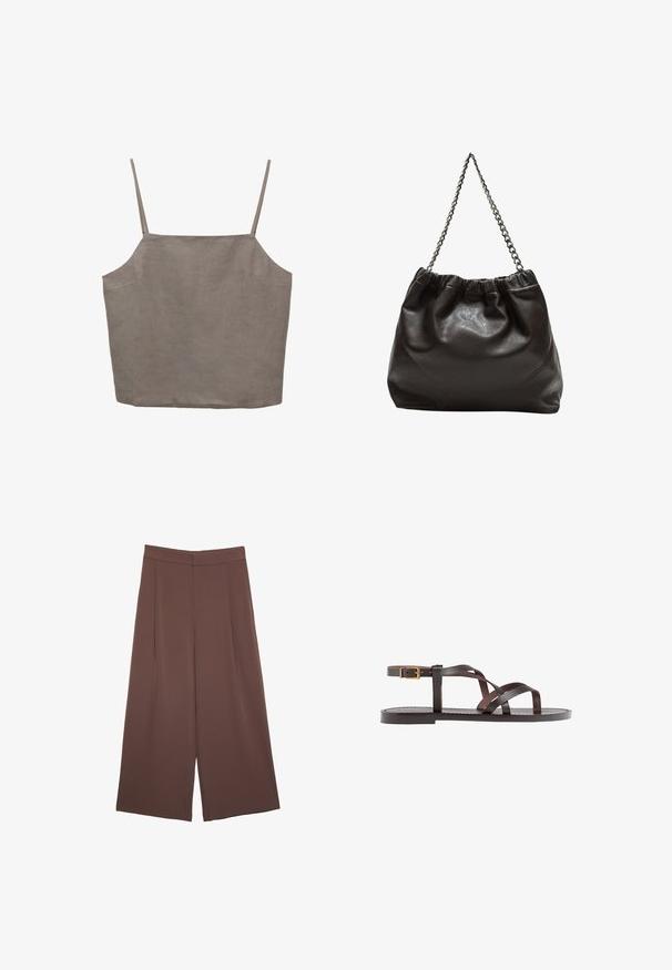 Graues, ärmelloses Top mit dünnen Trägern, lockerer Schnitt und aus einem leichten Stoff gefertigt. Glatte Textur mit subtiler Schattierung.; Braune Weite-Leg-Hosen mit einer glatten Textur, hoher Taille und Vorderfalten. Der Stoff ist leicht und fällt locker.; Braune Leder-Sandale mit überkreuzten Riemen, einem Knöchelriemen mit Schnalle und einer flachen Sohle mit minimalen Nähdetails.; Braune Lederhandtasche mit gerafftem Oberteil und Kettenriemen. Glatte Textur mit glänzendem Finish und subtilen Nahtdetails an den Seiten.