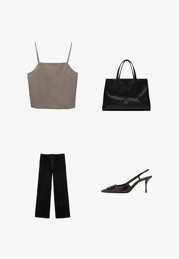 Gray, sleeveless top with thin straps, featuring a relaxed fit, and made of a lightweight fabric. Smooth texture with subtle sheen.; Black wide-leg trousers in soft velvet material, featuring a smooth texture, two front pockets, and a flat waistband with no embellishments.; Black patent leather slingback shoe with pointed toe, minimalistic design, small circular accent on the vamp, and slender heel.; Black leather tote bag with two elongated handles, a structured shape, smooth texture, and minimalistic design. No visible hardware or accents.