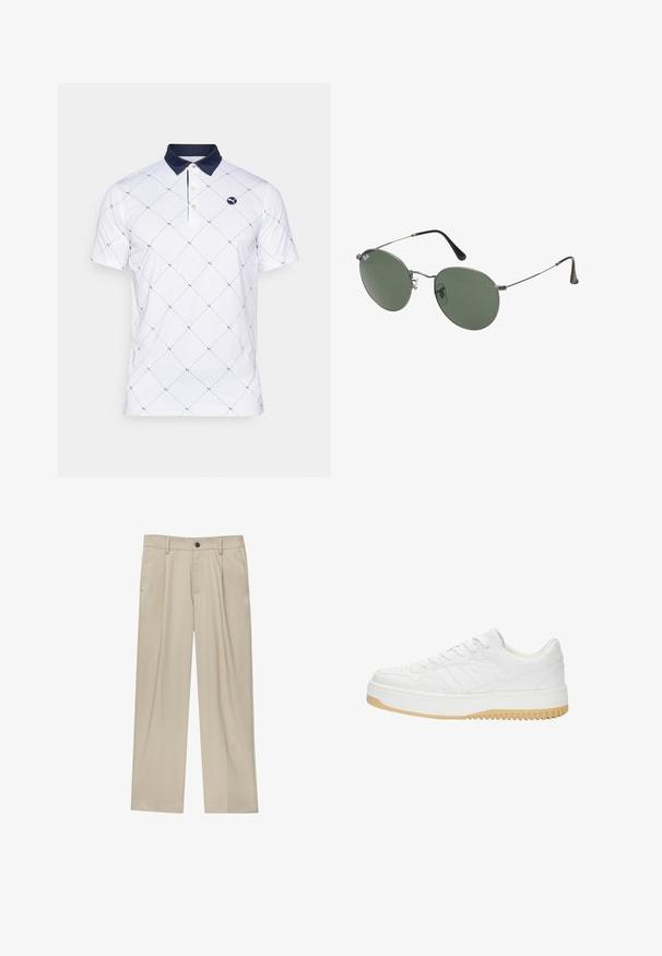 Fehér póló felső, sötétkék gallérral, apró sötétkék pöttyökből álló rombusz mintával és háromgombos nyakkivágással; logó a mellrészen.; Beige egyenes szárú nadrág, egy fekete gombbal, övhurkokkal és oldalzsebekkel. Sima szövettextúra és minimális design.; Fehér bőr sneaker, texturált felülettel, gumitalppal, fűzős kialakítással és diszkrét csíkozással az oldalakon.; Fémkeretes napszemüveg ovális zöld lencsékkel. Vékony ezüst színű fémkeret és fekete fülrész. Minimalista dizájn, látható logók nélkül.