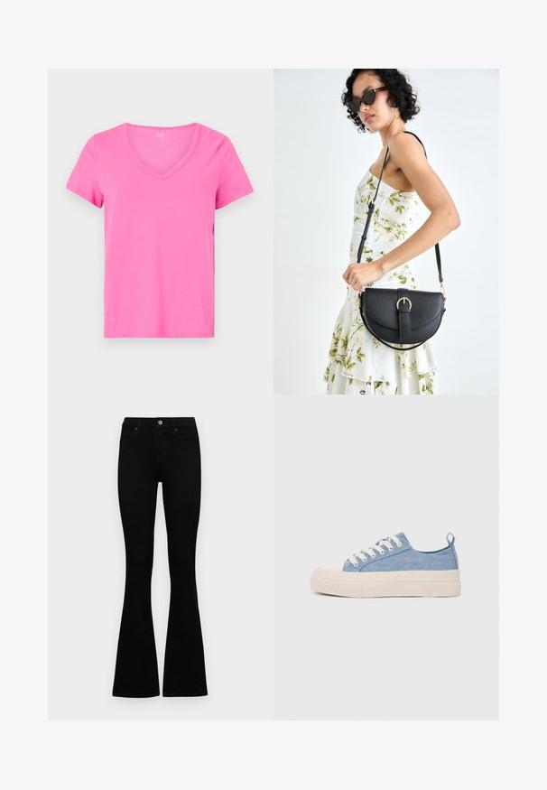 T-shirt rosa de manga curta com design em V, feito de um tecido de algodão macio, apresentando uma bainha reta e um corte solto.; Jeans pretos de cintura alta com fecho de botão e zíper, bolsos frontais e pernas largas dispostos em cima de um fundo branco.; Ténis de lona azul claro com uma biqueira e sola de borracha creme, apresentando atacadores brancos e uma alça na parte de trás.; Bolsa de couro preta com forma curva, alça destacável e detalhes em dourado. A bolsa possui uma aba com detalhe de fivela.