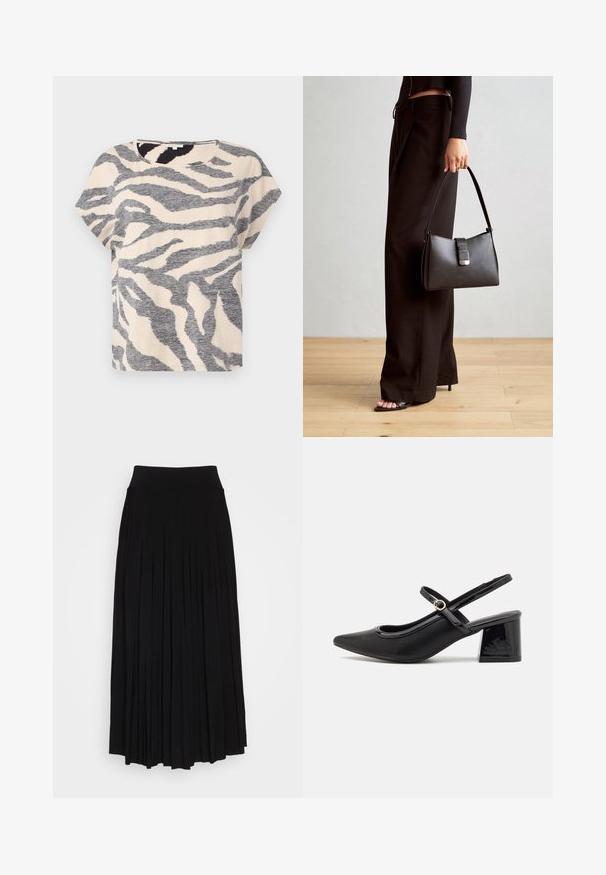 Kortærmet t-shirt i beige med grå zebra striber, rund halsudskæring og blødt, tekstureret stof. Casual pasform med en afslappet silhuet.; Sort plisseret nederdel med et højt, strækbart taljebånd. Lavet af blødt stof, med lodrette plisseringer for en flydende silhuet.; Sorte patentlæder slingback hæle med spids tå, rund udskæring og blokhæl. Har en guldtonet spændeaccents.; Sort håndtaske med struktureret form, glat overflade og metalspænde. Sammen med brede sorte bukser og sandaler med åben tå på trægulv.