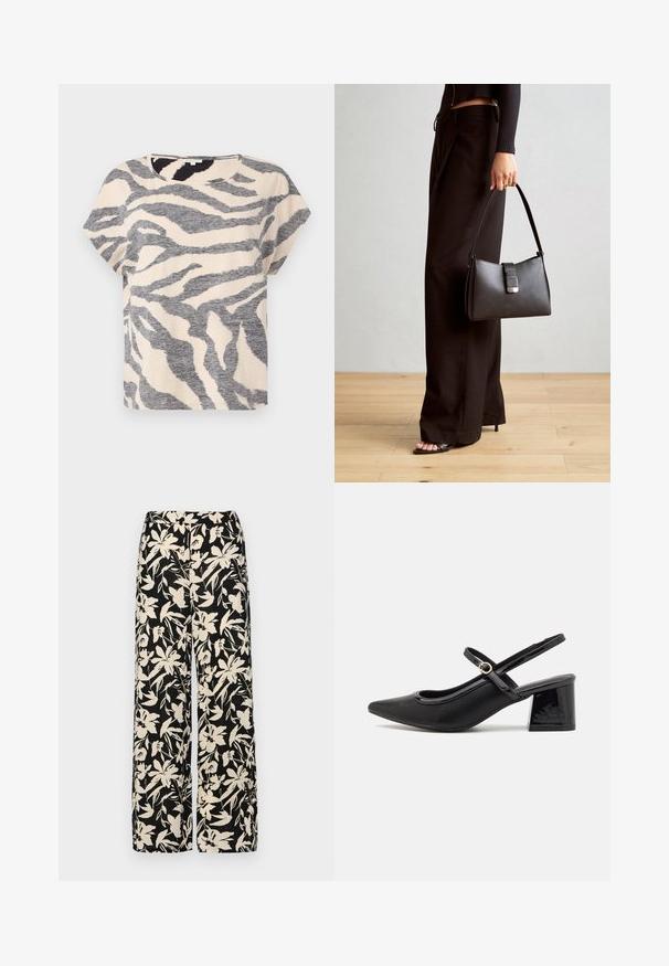 Korte mouwen T-shirt in beige met grijze zebraprinten, ronde hals en zachte, gestructureerde stof. Casual pasvorm met een relaxte silhouet.; Zwarte wijde broek met een crèmekleurig bloemenpatroon. Gemaakt van lichtgewicht stof, met een zachte textuur en een hoge tailleband.; Zwarte gepolijste leren slingback hakken met een spitse neus, een ronde uitsnede en een blokhak. Voorzien van een gouden gespaccent.; Zwarte handtas met gestructureerde vorm, gladde textuur en een metalen sluiting. Gecombineerd met brede zwarte broeken en sandalen met open teen op een houten vloer.