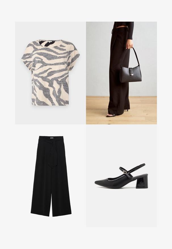 Kurzärmliges T-Shirt in Beige mit grauen Zebra-Streifen, Rundhalsausschnitt und weichem, strukturiertem Stoff. Lässige Passform mit lockerer Silhouette.; Schwarze weite Hosen aus strukturiertem Stoff, mit elastischem Bund und einem abnehmbaren Bindegürtel in der Taille für eine verstellbare Passform.; Schwarze Lackleder-Slingback-Absätze mit spitzer Zehenform, einem runden Ausschnitt-Design und einem Blockabsatz. Mit einem goldfarbenen Schnallenakzent.; Schwarze Handtasche mit strukturierter Form, glatter Textur und einem metallischen Verschluss. Kombiniert mit weiten schwarzen Hosen und offenen Sandalen auf einem Holzboden.