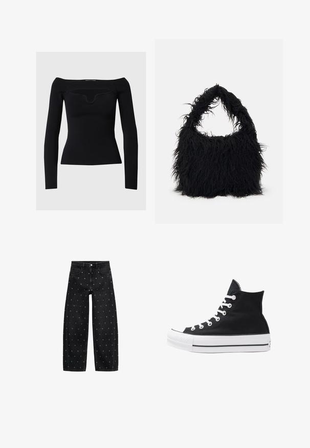 Schwarzes Langarmoberteil mit schulterfreiem Design, gerippter Textur und einem dezenten Rundhalsausschnitt. Glattes Material, taillierte Silhouette.; Schwarze Jeans mit weitem Bein aus Denim, verziert mit einem Muster aus kleinen silbernen Ösen, klassischem Fünf-Taschen-Design und Knopfverschluss vorne.; Schwarze High-Top-Canvas-Sneaker mit weißen Ösen, Schnürsenkeln und Gummisohle. Verfügt über eine strukturierte Zehenkappe und schwarz-weiße Streifenakzente.; Even&Odd Shopping Bag - black