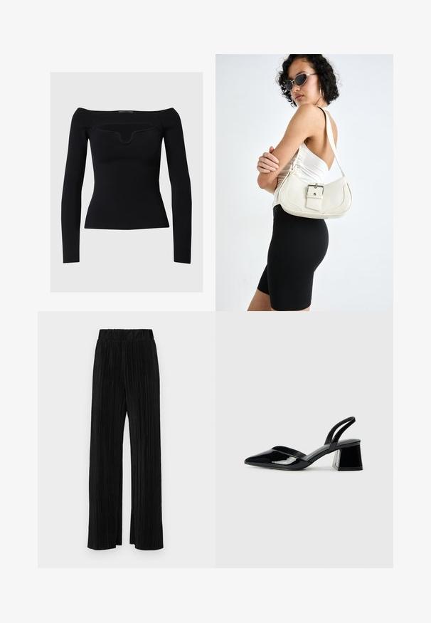 Zwarte lange mouwen top met een off-the-shoulder ontwerp, geribbelde textuur en een subtiele ronde halslijn. Gladde stof, aansluitende silhouet.; Zwarte geplooide broek met een elastische tailleband. Beschikt over wijde pijpen en een glad, gestructureerd stof met verticale strepen.; Zwarte gepatineerde leren slingback hakken met een spitse neus en een geometrische blokhak. Kenmerkt zich door een slank, minimalistisch ontwerp en een gladde textuur.; Witte leren handtas met een gebogen vorm, verstelbare schouderriem en een klein gesp detail. Model draagt een strakke zwarte outfit.