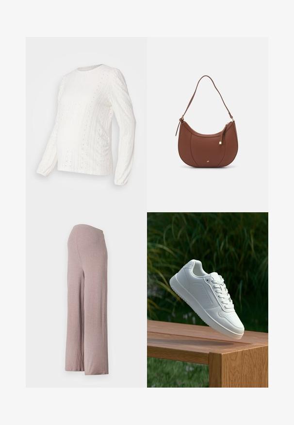 Top de manga longa branco com padrões texturizados, detalhes de ilhós, punhos canelados e gola redonda, projetado para uso na maternidade.; Calças largas de riscas em rosa claro, com uma cintura sem costura, apresentando um tecido suave e texturizado e uma silhueta descontraída.; Sapatilha branca com um cabedal sintético liso, caixa dos dedos perfurada, atacadores planos e uma sola texturizada, exposta sobre uma superfície de madeira.; Mala de ombro em pele sintética castanha com forma curva, costura minimalista e detalhe em metal dourado. Apresenta fecho de zíper no topo e alça ajustável.