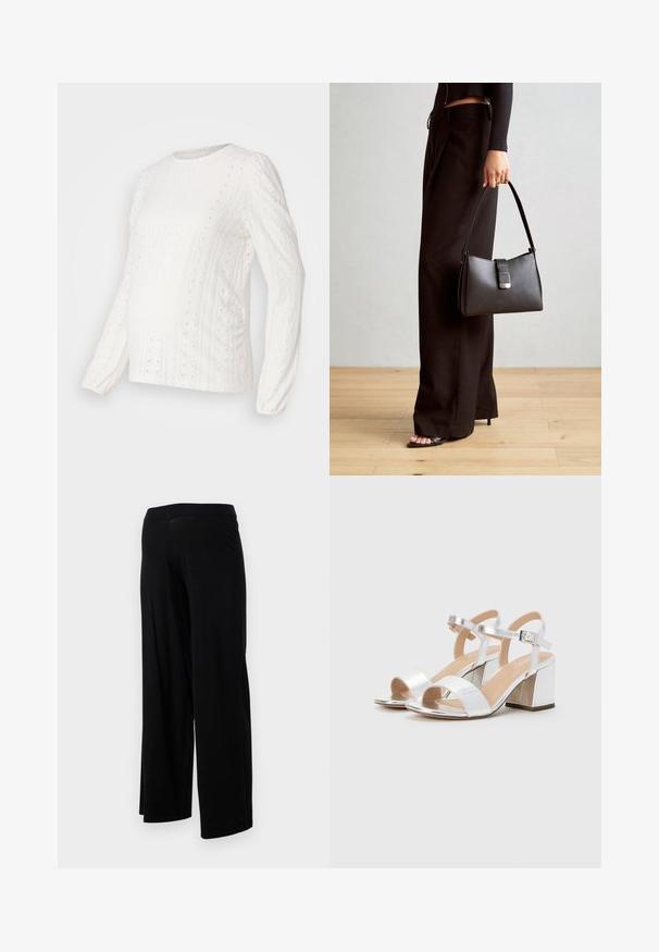 White long-sleeve top featuring textured patterns, eyelet details, ribbed cuffs, and a round neckline, designed for maternity wear.; Black wide-leg pants with an elastic waistband and a smooth, stretchy texture. Features a simple design, no patterns or embellishments.; Silver high-heeled sandals with open toes, featuring two wide straps and a rounded block heel. Smooth texture with metallic finish.; Black handbag with structured shape, smooth texture, and a metallic clasp. Paired with wide black pants and open-toe sandals on wooden floor.
