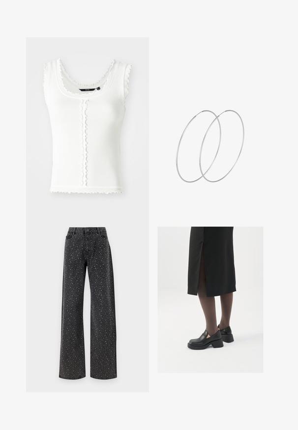 Bílé žebrované tílko s vlnitými okraji, výstřihem do lodi a knoflíkovými detaily vpředu. Navrženo v přiléhavém střihu.; Noisy May NMJANNEL LOOSE - Džíny Relaxed Fit - black denim; Černé kožené boty s kulatou špičkou, silným blokovým podpatkem a elastickými bočními akcenty, spárované s tmavými punčochami a černou sukní se rozparkem.; Stříbrné kruhové náušnice s minimalistickým designem. Kruh, hladký povrch a tenký profil. Lehká konstrukce s lesklým povrchem.