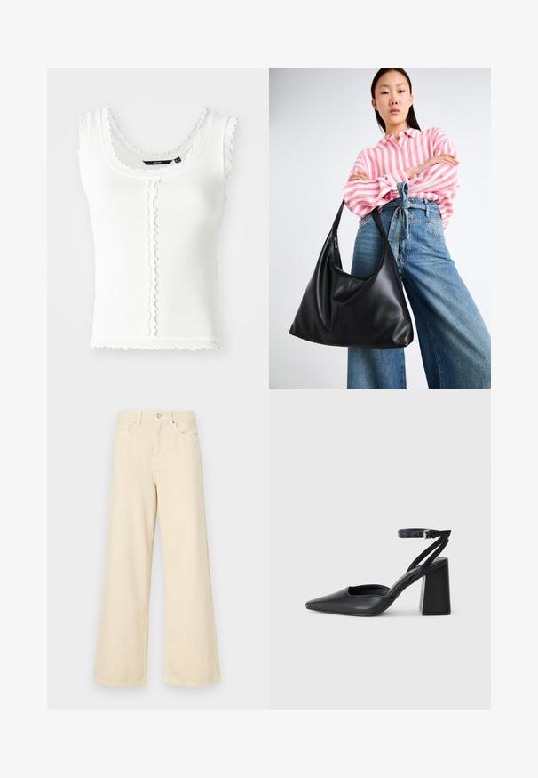 Top din bumbac alb cu dungi, cu margini ondulate, decolteu rotund și detalii cu nasturi pe față. Conceput într-o formă ajustată.; Blugi bej cu croi larg, din bumbac. Au închidere cu nasture, bucle pentru curea și buzunare frontale, cu o textură netedă și moale.; Pantofii cu toc ascuțit din piele neagră, cu breteaua pentru glezne și toc gros. Textură netedă, design elegant și estetică minimală.; Geantă de umăr din piele neagră, cu o formă lejeră și detalii de cusătură. Modelul poartă o bluză cu dungi roz și alb și jeans largi albaștri.