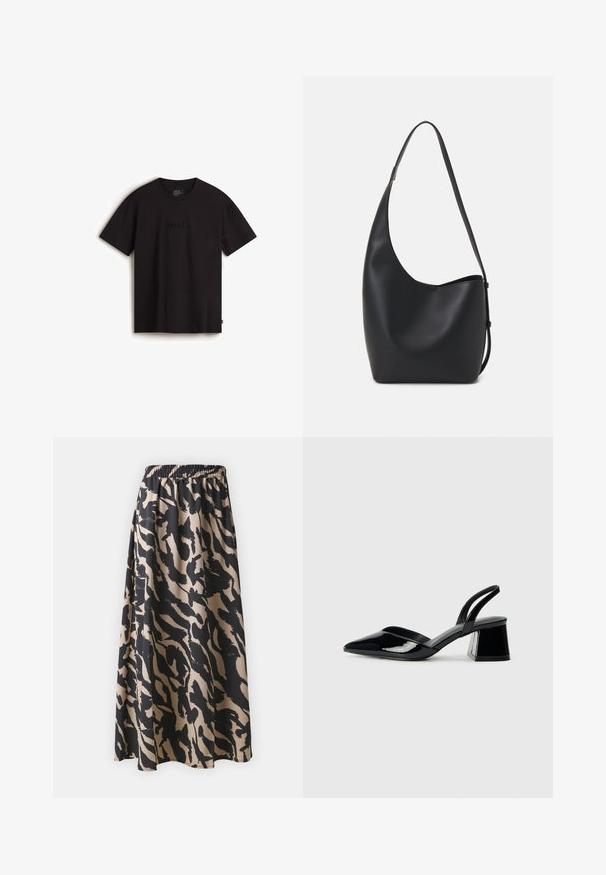 Sort kortærmet t-shirt lavet af bomuld med et præget "vans." logo på forsiden og en standard crew neck design.; Sort og beige lang nederdel med elastisk talje, der har et abstrakt dyreprint mønster og en let, flydende silhuet.; Sorte patentlæder slingback hæle med spids tå og en geometrisk blok hæl. Har et elegant, minimalistisk design og en glat tekstur.; Sort læder hobo taske med en glat overflade, buet form og en enkelt justerbar rem; har en bred åbning øverst.