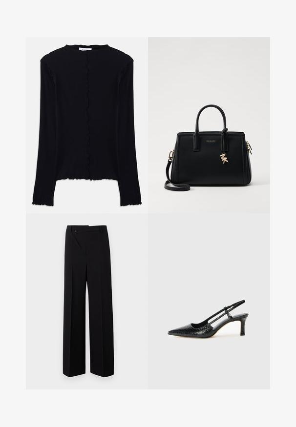 Schwarz langärmliges Oberteil aus weichem Stoff. Mit einem gewellten Ausschnitt und Saum, simplem, tailliertem Design. Keine zusätzlichen Verzierungen.; Schwarz weit geschnittene Hose mit flachem Vorderteil, Knopfverschluss und glatter Stofftextur. Besitzt einen geraden Schnitt und klare Linien.; Schwarze Lack-Slingback-Pumps mit spitzem Zehenbereich, versehen mit strukturiertem Schlangenprint, verstellbarem Riemen und einem kurzen, strukturierten Blockabsatz.; Schwarze Ledertasche mit strukturiertem Design, doppelten oberen Griffen, abnehmbarem Schulterriemen, goldfarbenen Beschlägen und einem Logo-Anhänger.