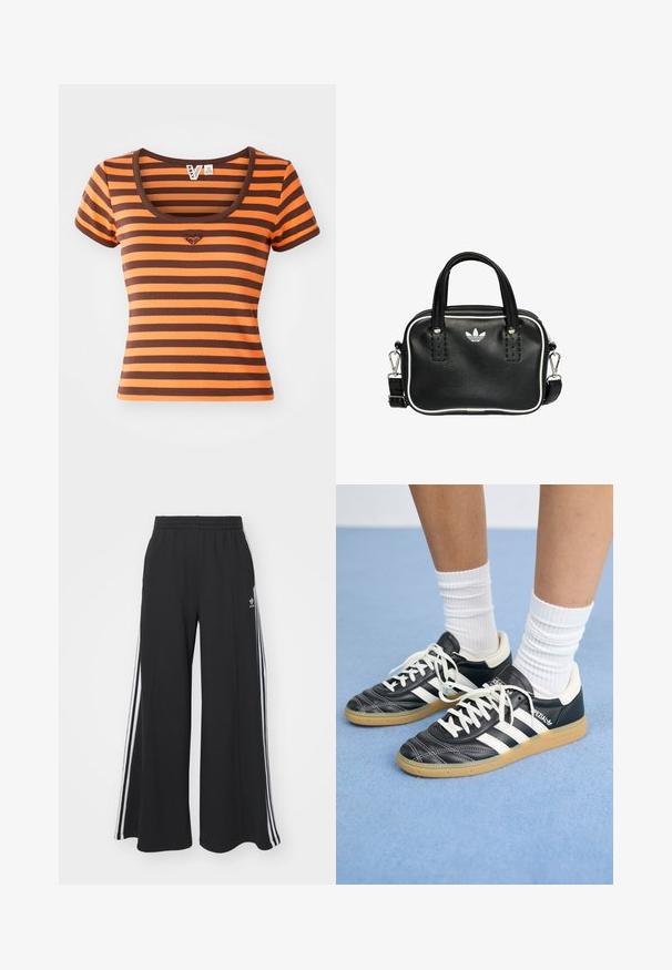 Stribet T-shirt med orange og brune nuancer, lavet af ribbet stof. Har en rund halsudskæring og korte ærmer, med et hjerte-logo på brystet.; Sorte brede sweatpants med elastisk talje, med hvide sidelommer og et broderet logo på venstre lår.; Sorte lædersneakers med hvide striber, rund tå, hvide snørebånd og gummisål. Fremhævet af polstret krave og brandingdetaljer.; Sort læderhandtaske med to korte håndtag, sølvhardware, hvide accenter og et hvidt logo. Har en struktureret overflade og et kompakt design.