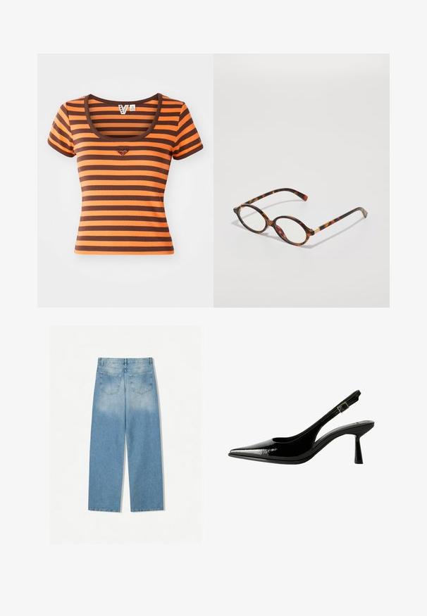 Csíkos póló narancssárga és barna árnyalatokban, bordázott anyagból készült. Lekerekített nyakkivágással és rövid ujjakkal rendelkezik, a mellkasán szív logóval.; Világoskék farmernadrág egyenes szárú fazonnal, amely két hátsó zsebbel és egy elhalványult textúrával rendelkezik a felső részein.; Fekete lakk bőr slingback pumpa hegyes orral, kivágott oldalakkal, állítható boka pánttal és vékony, elegáns sarkával.; Tarka mintás szemüveg, ovális kerettel, tiszta lencsékkel és arany kiegészítőkkel. Ívelt szárakkal és sima, fényes felülettel rendelkezik.; Piros bőrből készült válltáska ívelt formával, sima textúrával és cipzáras záródással. Kiváló, vékony fogantyúval rendelkezik a hordozás érdekében.