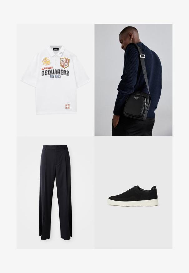 Weißes Polo-Shirt mit bestickten Grafiken, darunter Löwen- und Wappendesigns. Kurze Ärmel, knöpfbarer Kragen, lässige Passform.; Schwarze, hoch taillierte Hose mit weitem Bein, aus glattem Stoff. Verfügt über vorne gelegte Falten und Gürtelschlaufen. Minimalistisches Design, ohne sichtbare Beschläge.; Schwarze Wildleder-Sneaker mit Schnürdesign und kontrastierender weißer Gummisohle. Verfügt über strukturierte Seitenpaneele und dezentes Branding an der Ferse.; Schwarze Leder-crossbody-Tasche mit einem Reißverschlussfach, Logo-Detail und einem verstellbaren, gebrandeten Gurt. Getragen zu einem strukturierten marineblauen Pullover.