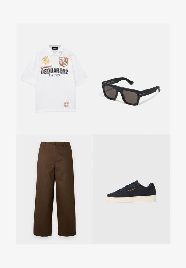 Weißes Polo-Shirt mit bestickten Grafiken, darunter Löwen- und Wappendesigns. Kurze Ärmel, knöpfbarer Kragen, lässige Passform.; Braune Hose mit weitem Bein aus glattem Stoff, mit vorderer Knopfverschluss und Seitentaschen, in einem klaren und einfachen Design.; Marineblaue Wildleder Low-Top Sneaker mit weißer Sohle, marineblauen Schnürsenkeln und goldenem "Filling Pieces" Logo an der Seite.; Schwarze rechteckige Sonnenbrille mit dunklen Gläsern. Mattes Finish, mit dezenten metallischen Akzenten an den Bügeln. Kein sichtbares Markenlogo.