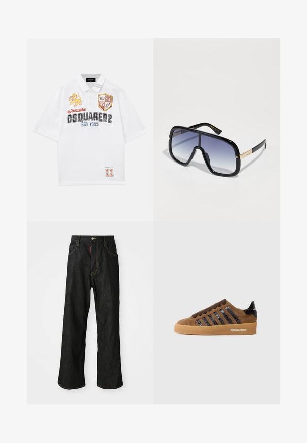 Weißes Polo-Shirt mit bestickten Grafiken, darunter Löwen- und Wappendesigns. Kurze Ärmel, knöpfbarer Kragen, lässige Passform.; Schwarze gerade Jeans mit gelben Nähten, Fünf-Taschen-Design, Knopfverschluss und einem kleinen roten Etikett an der rechten Vorderseite der Tasche.; Braune Wildleder Sneaker mit schwarzen Lacklederstreifen, Schnürung und Gummisohle. Verfügt über ein markiertes Detail an der Ferse.; Übergroße schwarze Sonnenbrille mit einem lila Farbverlauf-Glas, glanzvoller Oberfläche und goldenen Akzenten an den Bügeln. Rechteckige Rahmenform.