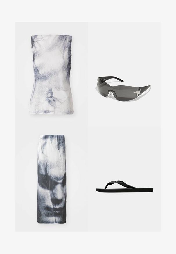 Mouwloze top van een zachte stof, met een grijs en wit abstract patroon. Het ontwerp is getailleerd met een ronde halslijn en subtiele stiksels.; Zwart-wit lange rok met een grafische print van een gezicht, met een soepele textuur en een aansluitende silhouet.; Zwarte rubberen flip-flop sandaal met een getextureerde strap en een eenvoudige platte zool, zijaanzicht op een effen lichte achtergrond.; Zwarte zonnebril met een wrap-around ontwerp, donkergetinte glazen, glanzende stervormige accenten en verstelbare neussteunen.