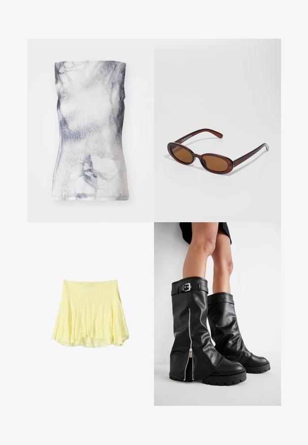 Top bez rukávov v jemnom materiáli, s šedým a bielym abstraktným vzorom. Strih je priliehavý s okrúhlym výstrihom a subtílnym šitím.; Žltá rozšírená sukňa vyrobená z textúrovanej tkaniny, s vrstvovou konštrukciou a mierne nerovným lemom. Ľahký a vzdušný vzhľad.; Čierne kožené vysoké čižmy po kolená s širokým nohavičkou, so bočným zipsom a detailom s prackou, štruktúrovaným povrchom a robustnou gumovou podrážkou.; Okrúhle slnečné okuliare s hnedým nádychom a lesklým burgundským rámom. Úzke ramená s jemným brandovaním. Plochej šošovky dizajn.; Čierna kožená kabelka s klopou, striebornými kovovými prvkami, dvoma prednými vreckami, kontrastným prešívaním a odnímateľným ramenným popruhom.