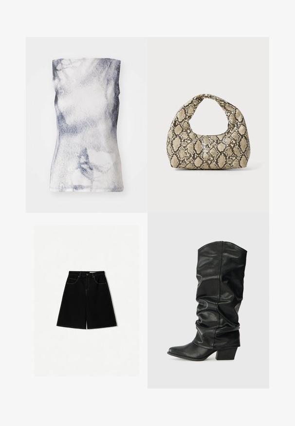 Ujjatlan felső puha anyagból, szürke és fehér absztrakt mintával. A dizájn testhez álló, kerek nyakkivágással és diszkrét varrásokkal rendelkezik.; Fekete farmer rövidnadrág, laza szabással, öt zsebből, sárga varrással díszítve és közepes magasságú derékkal.; Fekete bőr, térdig érő csizmák laza fazonban, hegyes orral és vastag sarokkal, sima textúrával és minimális varrással.; Kígyómintás kézitáska ívelt fogantyúval. Texturált, bézs és barna anyagból készült, jellegzetes gyémántmintával.