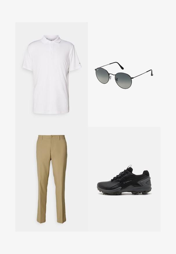 Balts polo krekls, kas izgatavots no gludas kokvilnas, ar klasisku apkakli, trīs pogu akcentu un īsām piedurknēm. Diskrēts zīmola logotips uz piedurknes.; Kaki bikses no gludas auduma ar klasisku dizainu, taisnām kājām, pogu aizdari un divām sānu kabatām.; Melnas sporta kurpes ar gludu sintētisku augšdaļu, teksturētu ļipa apakšdaļu un gumijas zoli, kurai ir veidotas saķeres spike.; Melnās metāla saulesbrilles ar apaļām pakāpeniskām lēcām, kurām ir plānas kājiņas un caurspīdīgas deguna spilventiņi, nodrošinot ērtu valkāšanu.