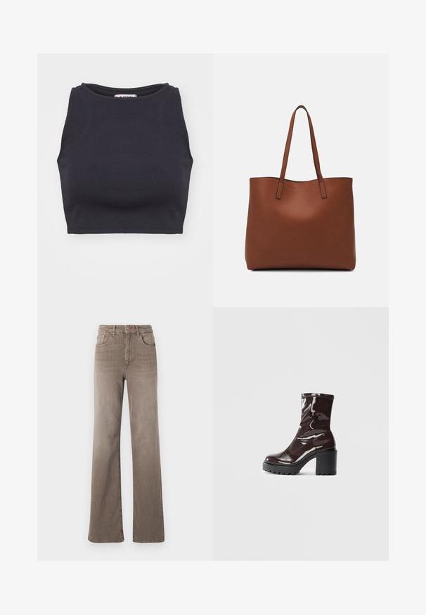 Top cropped preto com padrões em relevo, gola redonda e design sem mangas. Textura suave, forma ajustada e estilo minimalista.; Jeans castanhos de cintura alta, de perna reta, com botão frontal, passantes para cinto e design clássico de cinco bolsos em fundo branco.; Bota de tornozelo burgundy brilhante com um salto preto robusto, apresentando uma textura suave e um design simples. Sem fechos ou padrões visíveis.; Bolsa tote de couro castanho com uma textura suave, design de abertura superior e duas alças para o ombro. Apresenta costura mínima e sem hardware visível.