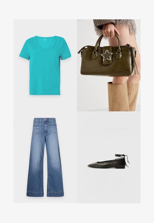 Tirkīza kokvilnas T-krekls ar V veida izgriezumu un īsām piedurknēm, ar gludu tekstūru un minimālistisku dizainu. Gap zīmols uz izgriezuma.; Plati zili džinsi ar augstu jostasvietu, divām priekšējām kabatām un divām aizmugurējām kabatām, ar tīru apdari un vieglu nolietojumu.; Melnas ādas baleta kurpes ar smailu purngalu, potītes saitēm un plakanu zoli, kas izceļas ar gludu tekstūru un minimālistisku dizainu.; Olive zaļš mākslīgās ādas rokassomu ar sudraba zvaigznes akcentu, divām rokturiem un rāvējslēdzēja aizdari. Strukturēta forma un teksturēta virsma.