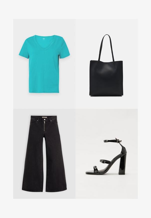 Turkizno bombažno majico s V-izrezom in kratkimi rokavi, s gladko teksturo in minimalističnim dizajnom. Branding Gap na ovratniku.; Široke traperice iz črnega denima z zadrgo spredaj, petimi žepi in diskretnimi šivi. Gladka tekstura in ležeren slog.; Črne lakirane sandale s peto, kvadratnim prstom, trakovi okrog gležnja in srebrnimi zaponkami. Opremljene so s stabilno Debelo peto.; Črna usnjena torba s svilnato teksturo, pravokotne oblike in dvema dolgima ročajema. Brez vidnih metalnih delov ali okrasnih elementov.