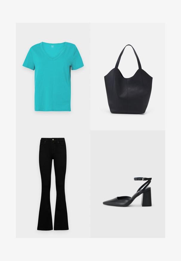 Turkizno bombažno majico s V-izrezom in kratkimi rokavi, s gladko teksturo in minimalističnim dizajnom. Branding Gap na ovratniku.; Črne visokotopne kavbojke z gumbom in zadrgo, sprednjimi žepi in razširjenimi hlačnicami, poleg bel background.; Črne usnjene klasične čevlje z ostrim nosom, z zaponko za gleženj in debelim peto. Ravna tekstura, eleganten dizajn in minimalistična estetika.; Črna torba v obliki tote iz gladke usnjene površine, ki ima ukrivljen odprt vrh z dvema naramnicama in minimalističnim dizajnom.