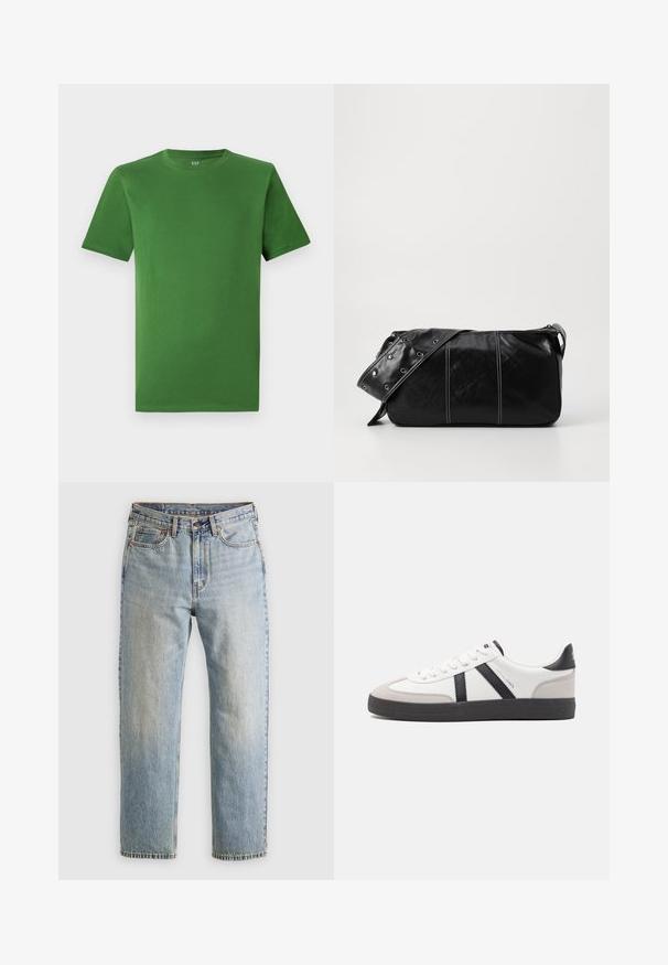 Vihreä puuvillapaita, jossa on pyöreä kaula-aukko ja lyhyet hihat. Sujuva rakenne; ei näkyviä kuvioita tai koristeluja.; Vaaleansininen farkut, joissa on korkea vyötärö, etunappi, vetoketju ja viisi taskua, asetettu tasaisesti neutraalille taustalle.; Valkoiset lenkkarit mustilla ja harmailla yksityiskohdilla, joissa on teksturoitu harmaa kärki, musta kumipohja ja litteät valkoiset nauhat. Siisti muotoilu, minimalistinen tyyli.; Mustakulmainen nahkainen olkalaukku, jossa on vetoketjukiinnitys, teksturoitu pinta, valkoiset ompeleet ja hihna, jossa on hopeiset niitit.