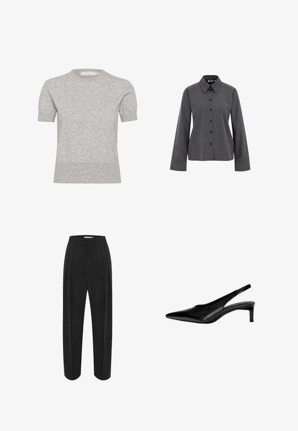 InWear KELLSIE - Tricou basic - granite melange; WE Fashion Cămașă - grey; Pantaloni negri cu croi larg și talie înaltă, cu o textură netedă și două pliuri în față. Construiți cu o formă curată, ajustată.; Pantofi slingback din piele neagră cu vârf ascuțit, toc jos și design cu decupaj pe laterale. Textură netedă, cu un aspect elegant.