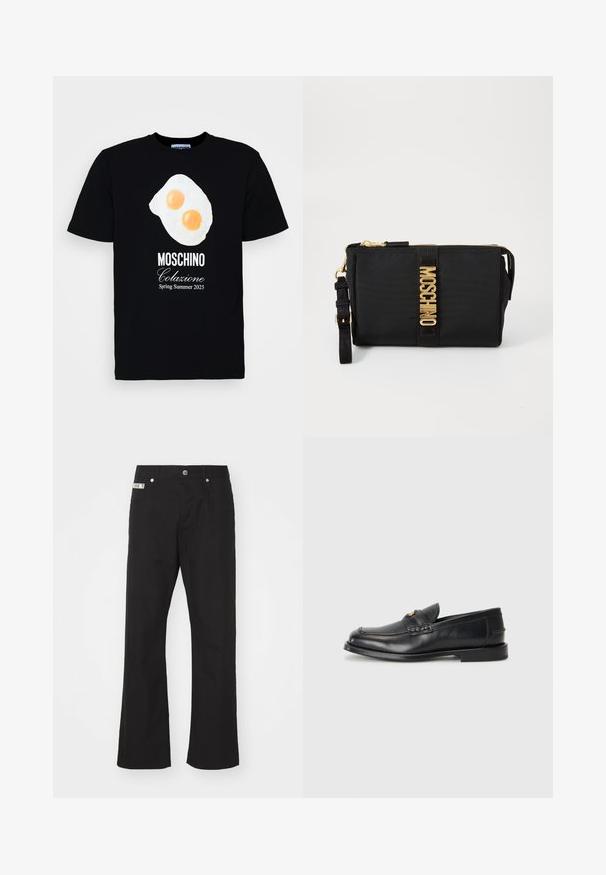 Black cotton t-shirt featuring a graphic of fried eggs with two orange yolks. "Moschino Colazione Spring Summer 2025" printed in white.; Black cotton trousers with a straight-leg design, featuring a front button closure, two side pockets, and a small brand label on the waistband.; Black leather loafers feature a rounded toe, stitched detailing, and a small gold accent on the front. The sole is flat and discreet.; Black nylon clutch with gold hardware, featuring a central logo strip. Includes a detachable strap and zip closure for secure use.