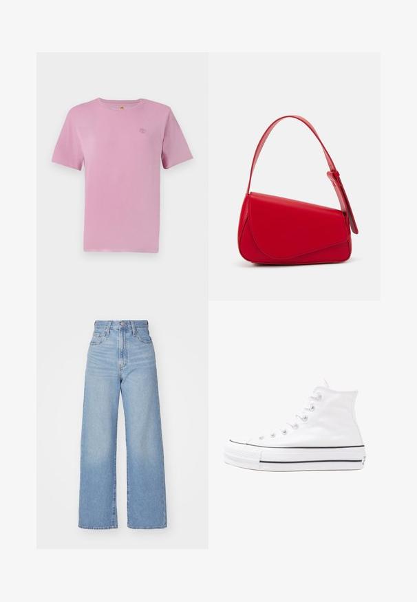 Kortärmad rosa bomulls-T-shirt med en liten, broderad logotyp på bröstet. Slät textur och klassisk rundhalsad design.; Ljusblå högmidjade vida jeans med knapp- och dragkedjestängning, fram- och bakfickor, mot en vit bakgrund.; Vit hög topp canvas sneaker med svart gummisulan, framsidan gummitåhätta och sex öglor för snören, med en ren, minimalistisk design.; Röd läderhandväska med en vinkelrät, geometrisk design. Har ett justerbart axelband och en klaffstängning med sydda detaljer.