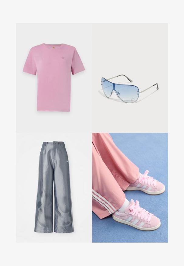 Kortermet rosa bomull T-skjorte med en liten, brodert logo på brystet. Glatt tekstur og klassisk rund hals-design.; Vide benbukser i skinnende grå materiale, med hvide sidestriber og et flammemønster på de nederste ben. Knap- og lynlåslukning i taljen.; Rosa idrettssko med lyse blå striper, rund tå og tykke rosa snører, sammen med rosa joggebukser med hvite sidestiper.; Pilotbriller med gradient blå linse, sølvfarget metallramme og dekorative stjerneaksenter på linsen. Glatt og stilren design.