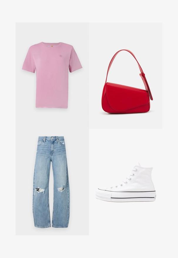 Kurzarm-Pink Baumwoll-T-Shirt mit einem kleinen, gestickten Logo auf der Brust. Glatte Textur und klassisches Rundhalsdesign.; Helles, hochtailliertes Jeans aus Denim. Hat weit geschnittene Beine, zwei aufgerissene Kniebereiche und klassischen Fünf-Taschen-Stil.; Weiße hochwertige Leinensneaker mit schwarzer Gummisohle, vorderem Gummizehenschutz und sechs Ösen für Schnürsenkel, die ein sauberes, minimalistisches Design aufweisen.; Rote Lederhandtasche mit einem kantigen, geometrischen Design. Verfügt über einen verstellbaren Schulterriemen und einen Klappenverschluss mit genähten Details.