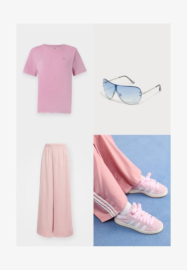 Lühikeste varrukatega roosa puuvillane T-särk, mille esipaneelil on väike tikandiga logo. Sile tekstuur ja klassikaline ümmargune kaelus.; Heledad roosad laiad püksid elastse vöökohtaga. Sile kangas küljetaskutega ja diskreetne bränding vasakul jalal.; Roosad sportlikud kingad helesiniste triipudega, ümmargune varvas ja paks roosa pael, kombinatsioonis roosade treeningpükstega, millel on valged külgtriibud.; Aviatori prillid, millel on gradient sinine objektiiv, hõbedane metallraam ja dekoratiivsed staaraktsendid objektiivil. Sujuv ja stiilne disain.